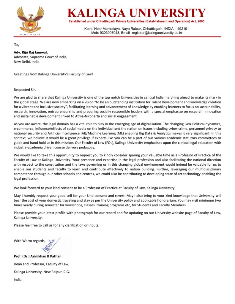 Invitation (Professor of Practice at Faculty of Law, Kalinga University, Raipur)